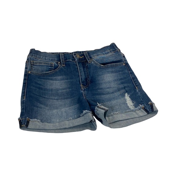 Grace & Lace Distressed Super Stretch Zip Up Midi Shorts Size XS Medium Wash - Picture 2 of 6